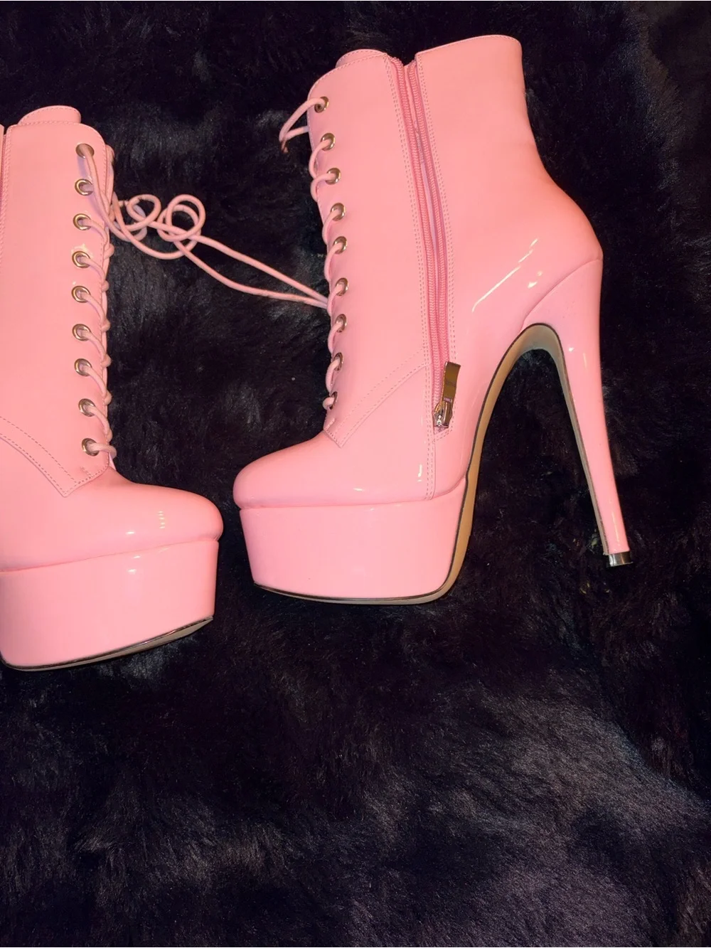 NEW Pink Patent Lace-Up Platform Stiletto Ankle Boots | Side Zip | Size 8.5